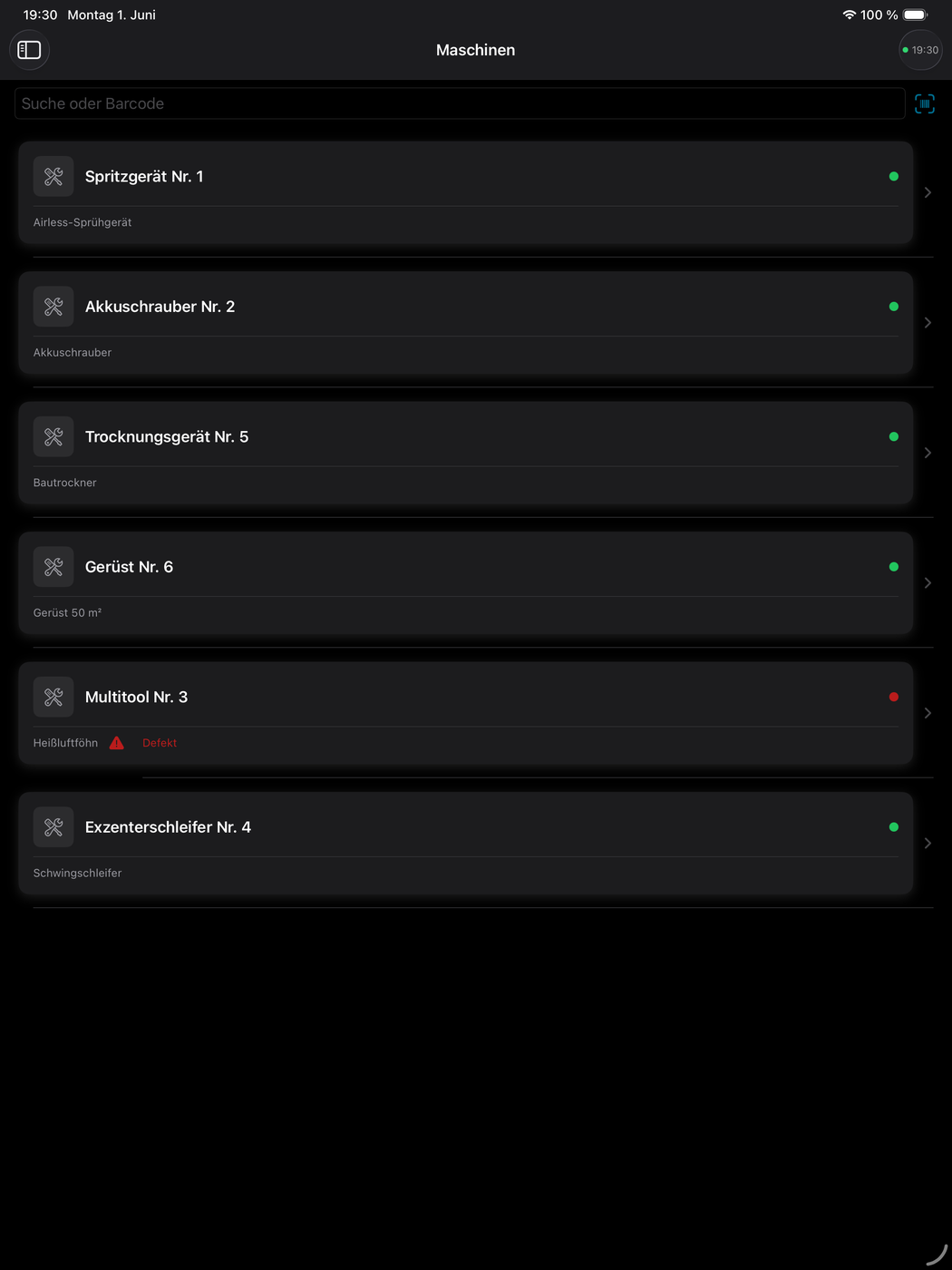 Maschinenliste iPad